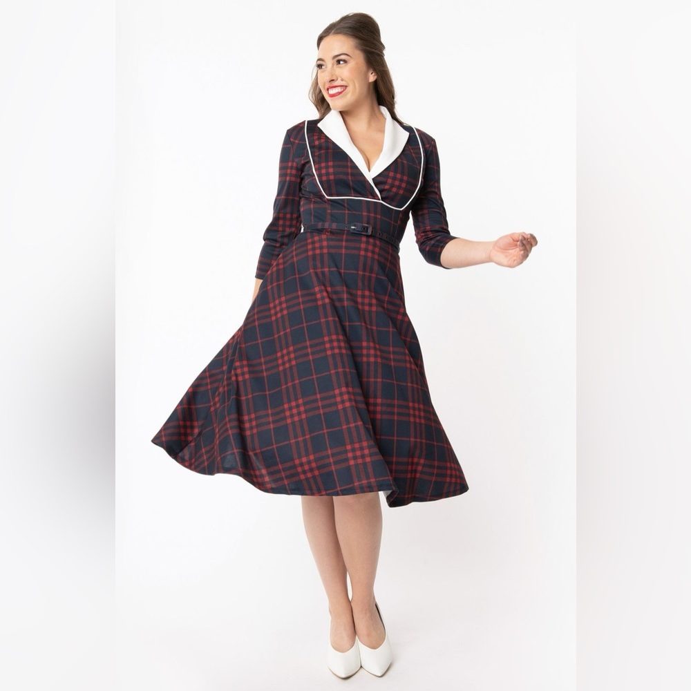 Unique Vintage Trudy 50s Swing Dress in Navy and Red Plaid